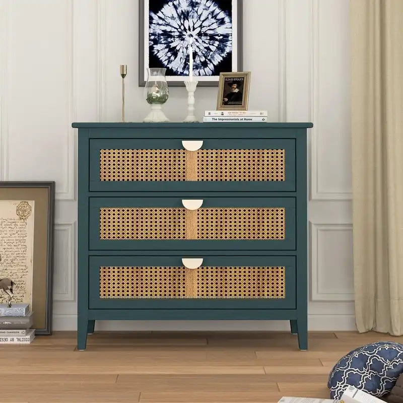 Commode de rangement 3 tiroirs en rotin naturel