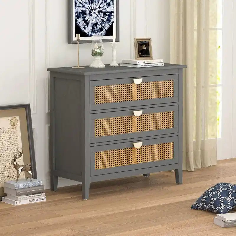 Commode de rangement 3 tiroirs en rotin naturel