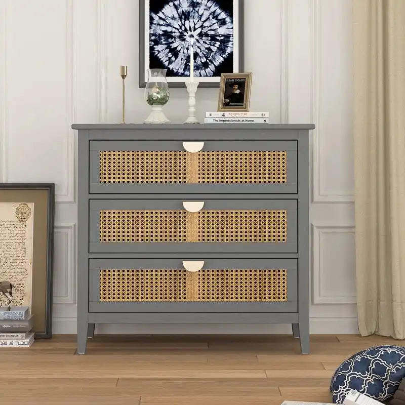 Commode de rangement 3 tiroirs en rotin naturel