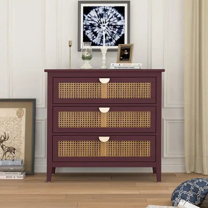 Commode de rangement 3 tiroirs en rotin naturel
