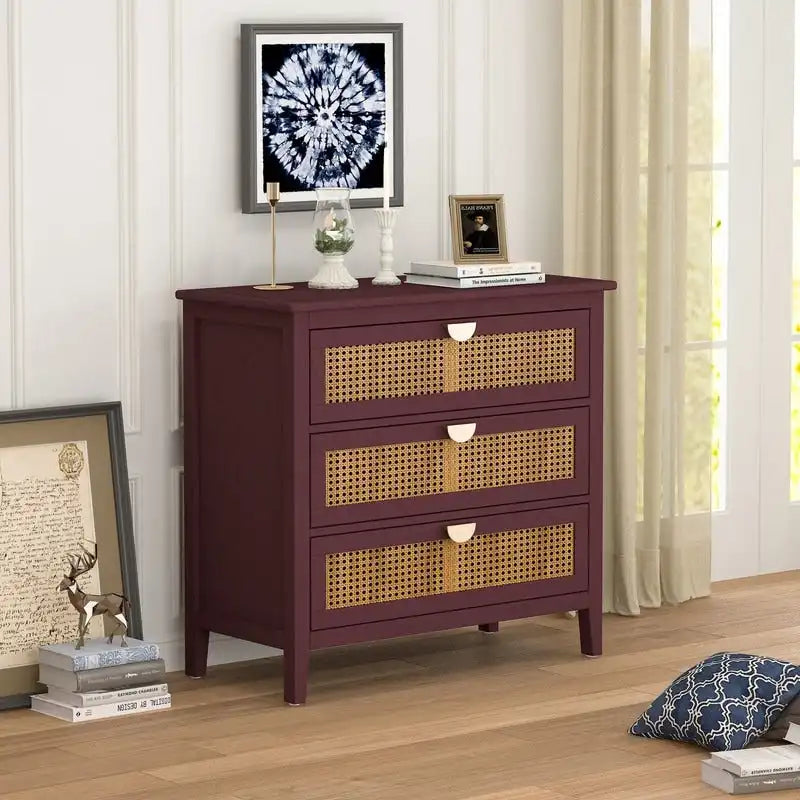 Commode de rangement 3 tiroirs en rotin naturel