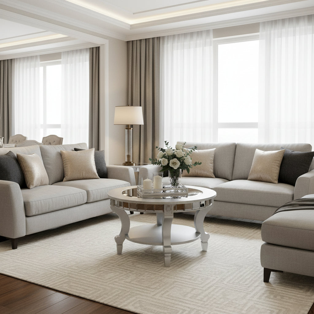 Table basse ronde Olivia contemporaine à miroir SEI Furniture en argent mat avec détails et étagère