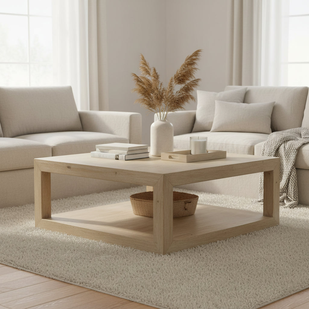 Artissance 39.4L Square Weathered White Washed Wood Indoor Peking Grand Framed Coffee Table