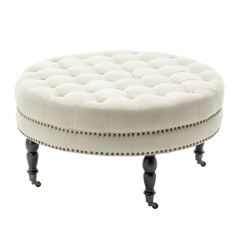 Pouf de cocktail rond en tissu avec cadre en métal – 88 cm, capacité de 120 kg, beige/gris foncé