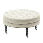 Pouf de cocktail rond en tissu avec cadre en métal – 88 cm, capacité de 120 kg, beige/gris foncé