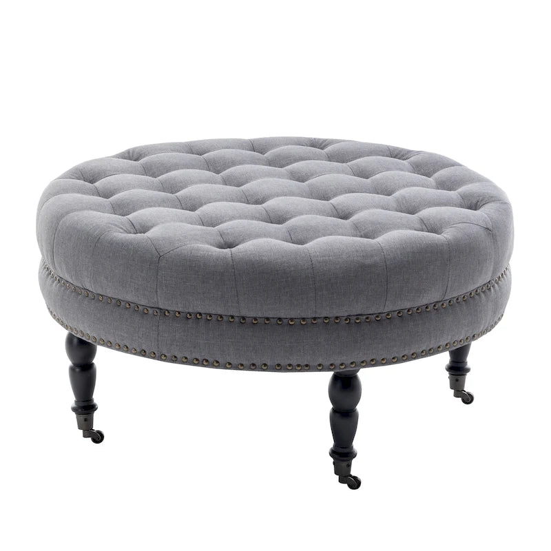 Pouf de cocktail rond en tissu avec cadre en métal – 88 cm, capacité de 120 kg, beige/gris foncé