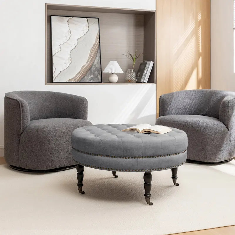 Pouf de cocktail rond en tissu avec cadre en métal – 88 cm, capacité de 120 kg, beige/gris foncé