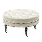 Pouf de cocktail rond en tissu avec cadre en métal – 88 cm, capacité de 120 kg, beige/gris foncé