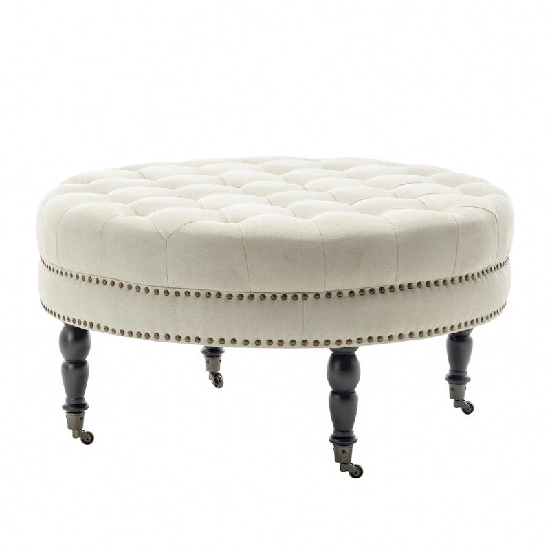 Pouf de cocktail rond en tissu avec cadre en métal – 88 cm, capacité de 120 kg, beige/gris foncé