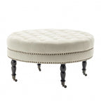 Pouf de cocktail rond en tissu avec cadre en métal – 88 cm, capacité de 120 kg, beige/gris foncé