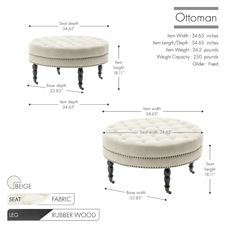 Pouf de cocktail rond en tissu avec cadre en métal – 88 cm, capacité de 120 kg, beige/gris foncé