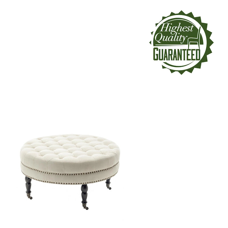Pouf de cocktail rond en tissu avec cadre en métal – 88 cm, capacité de 120 kg, beige/gris foncé
