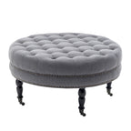 Pouf de cocktail rond en tissu avec cadre en métal – 88 cm, capacité de 120 kg, beige/gris foncé