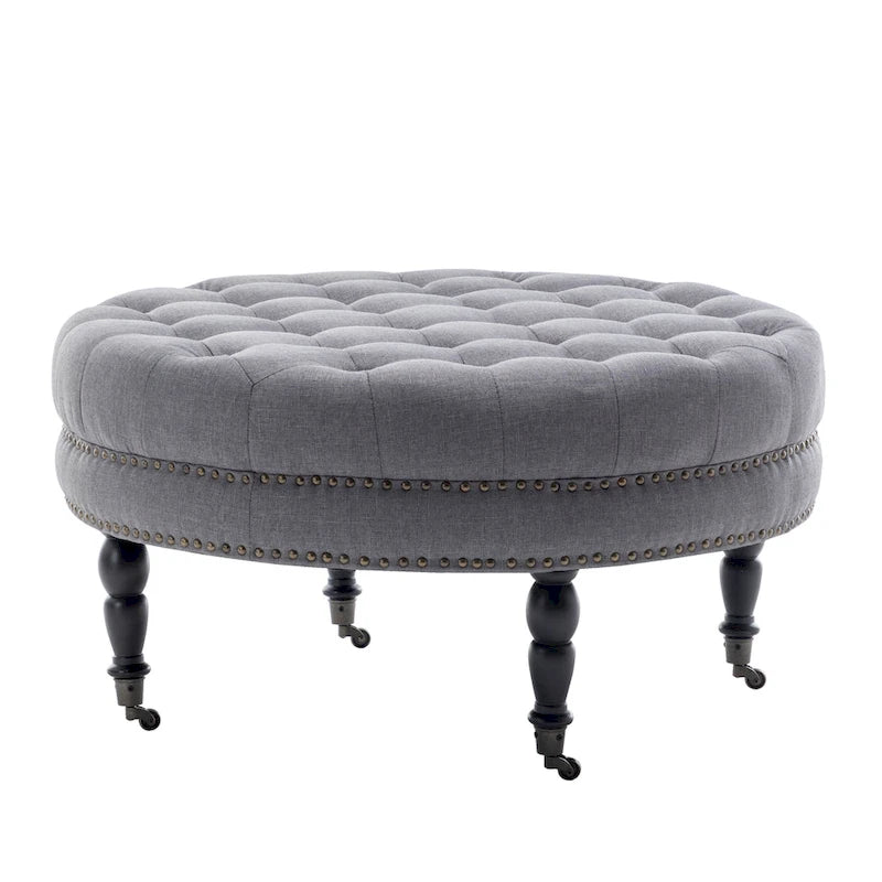 Pouf de cocktail rond en tissu avec cadre en métal – 88 cm, capacité de 120 kg, beige/gris foncé