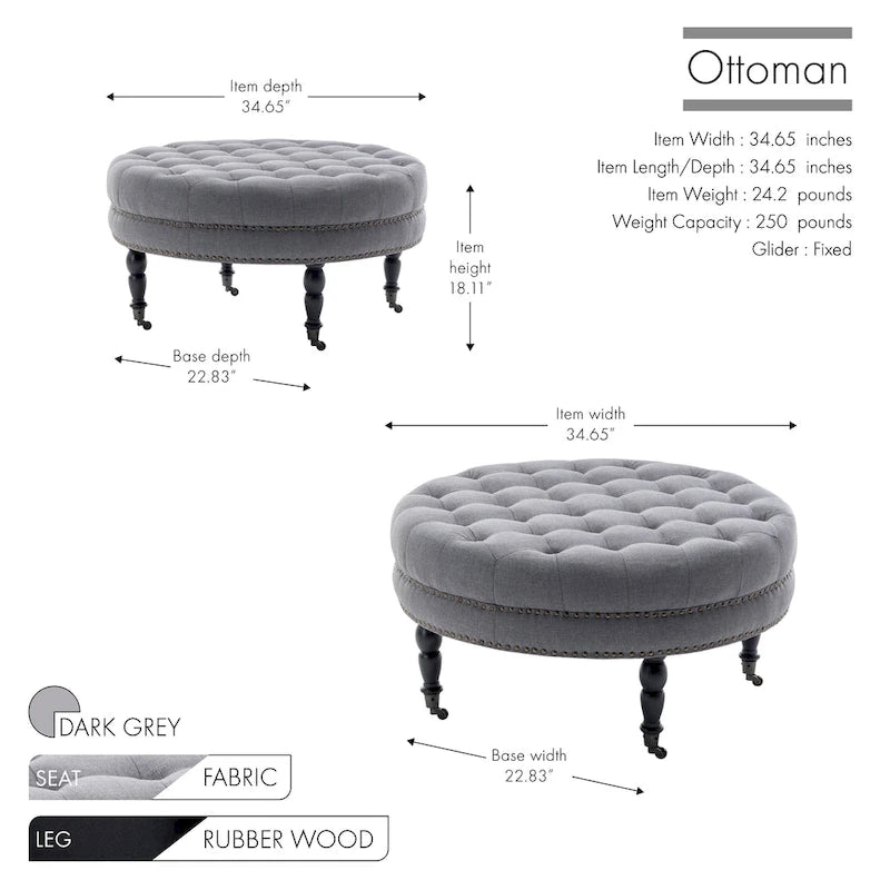 Pouf de cocktail rond en tissu avec cadre en métal – 88 cm, capacité de 120 kg, beige/gris foncé