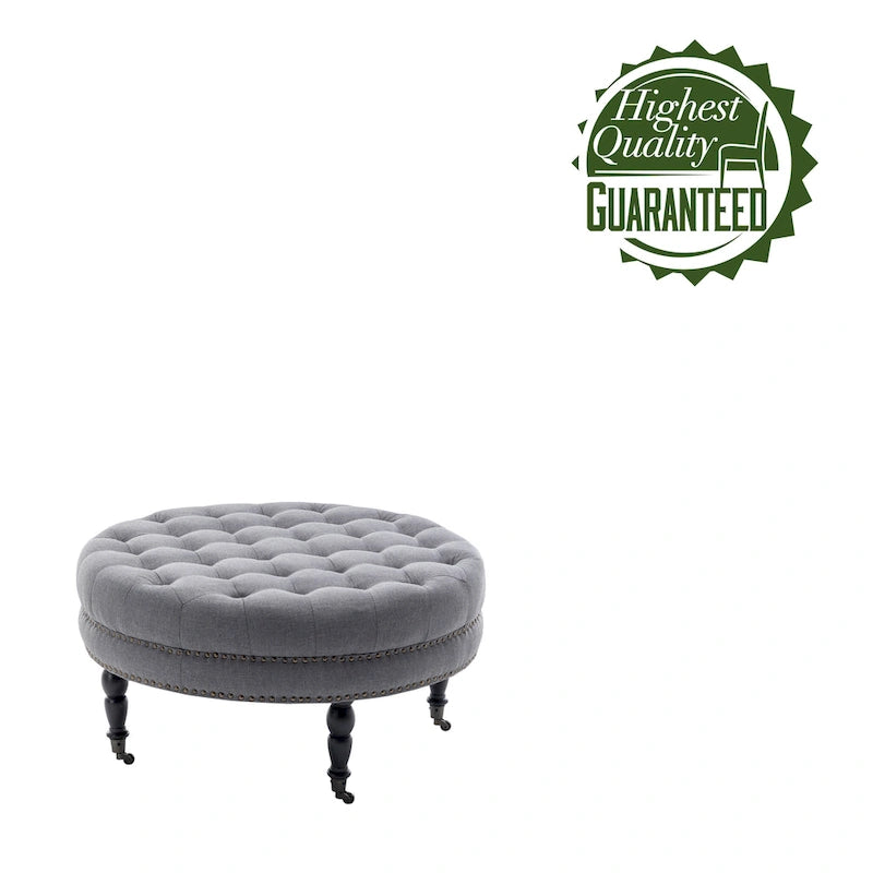 Pouf de cocktail rond en tissu avec cadre en métal – 88 cm, capacité de 120 kg, beige/gris foncé