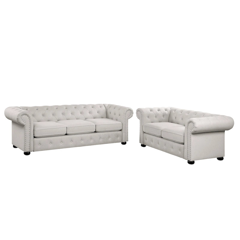 Ensemble canapé et causeuse Chesterfield à accoudoirs roulés capitonnés 2 pièces – Beige/Gris/Gris foncé