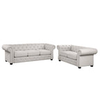 Ensemble canapé et causeuse Chesterfield à accoudoirs roulés capitonnés 2 pièces – Beige/Gris/Gris foncé