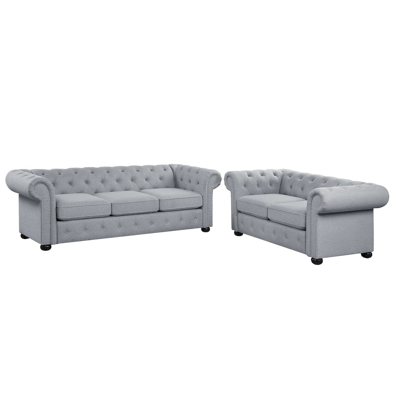 Ensemble canapé et causeuse Chesterfield à accoudoirs roulés capitonnés 2 pièces – Beige/Gris/Gris foncé