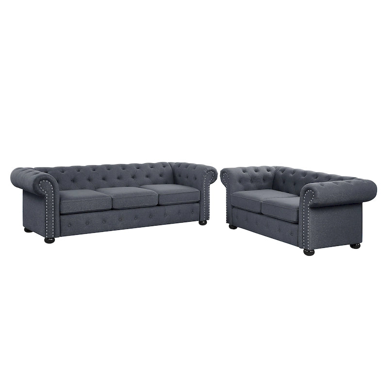 Ensemble canapé et causeuse Chesterfield à accoudoirs roulés capitonnés 2 pièces – Beige/Gris/Gris foncé