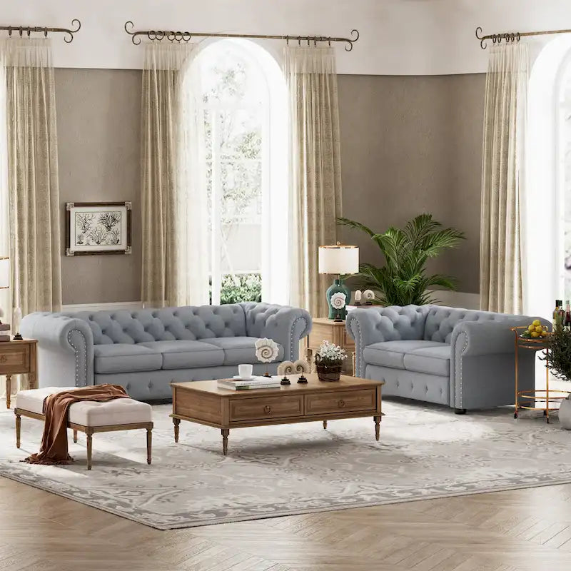 Ensemble canapé et causeuse Chesterfield à accoudoirs roulés capitonnés 2 pièces – Beige/Gris/Gris foncé