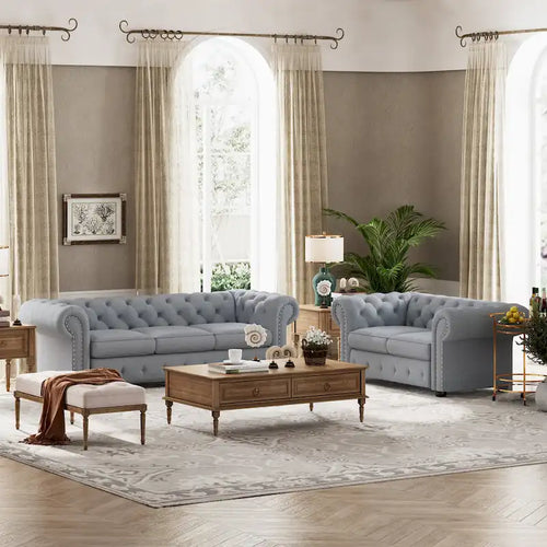 Ensemble canapé et causeuse Chesterfield à accoudoirs roulés capitonnés 2 pièces – Beige/Gris/Gris foncé