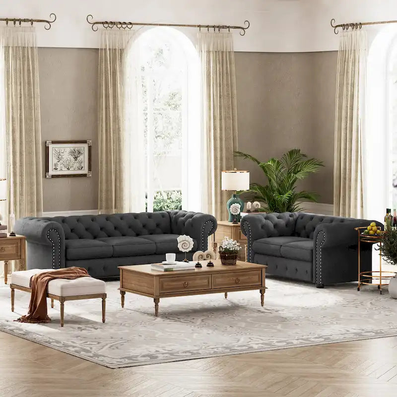 Ensemble canapé et causeuse Chesterfield à accoudoirs roulés capitonnés 2 pièces – Beige/Gris/Gris foncé