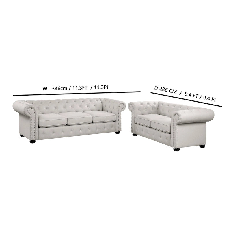 Ensemble canapé et causeuse Chesterfield à accoudoirs roulés capitonnés 2 pièces – Beige/Gris/Gris foncé