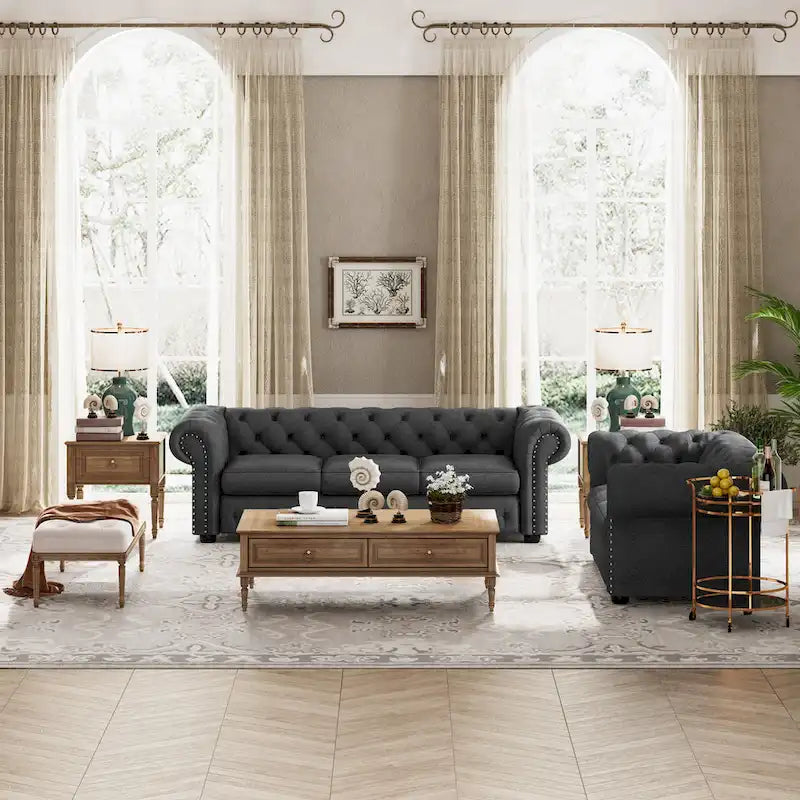 Ensemble canapé et causeuse Chesterfield à accoudoirs roulés capitonnés 2 pièces – Beige/Gris/Gris foncé