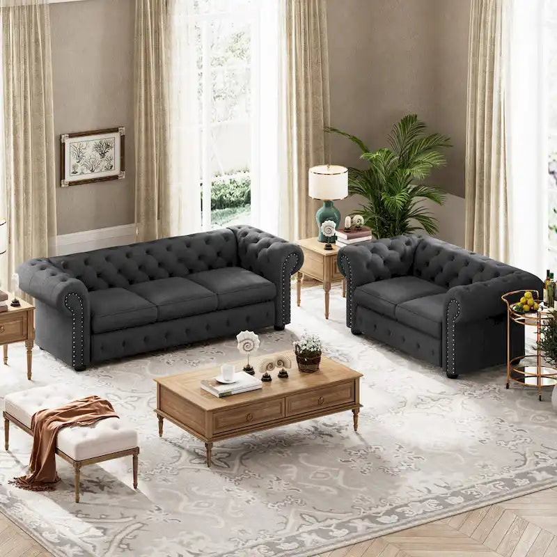 Ensemble canapé et causeuse Chesterfield à accoudoirs roulés capitonnés 2 pièces – Beige/Gris/Gris foncé