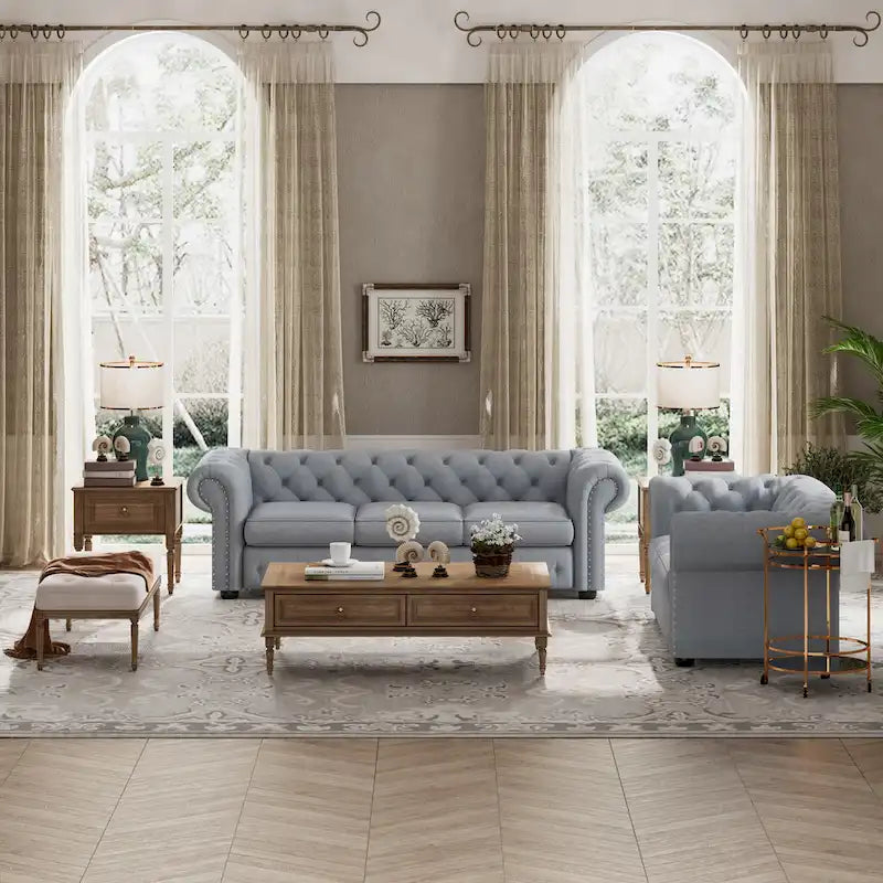 Ensemble canapé et causeuse Chesterfield à accoudoirs roulés capitonnés 2 pièces – Beige/Gris/Gris foncé