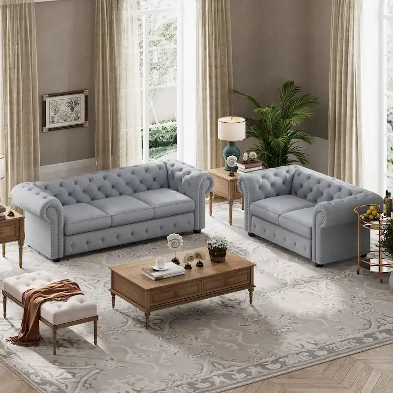 Ensemble canapé et causeuse Chesterfield à accoudoirs roulés capitonnés 2 pièces – Beige/Gris/Gris foncé