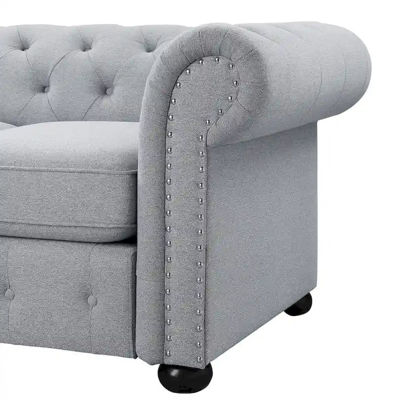 Ensemble canapé et causeuse Chesterfield à accoudoirs roulés capitonnés 2 pièces – Beige/Gris/Gris foncé