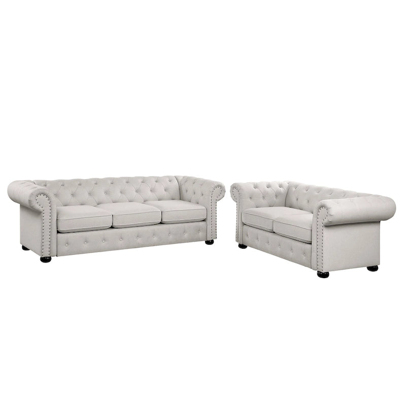 Ensemble canapé et causeuse Chesterfield à accoudoirs roulés capitonnés 2 pièces – Beige/Gris/Gris foncé