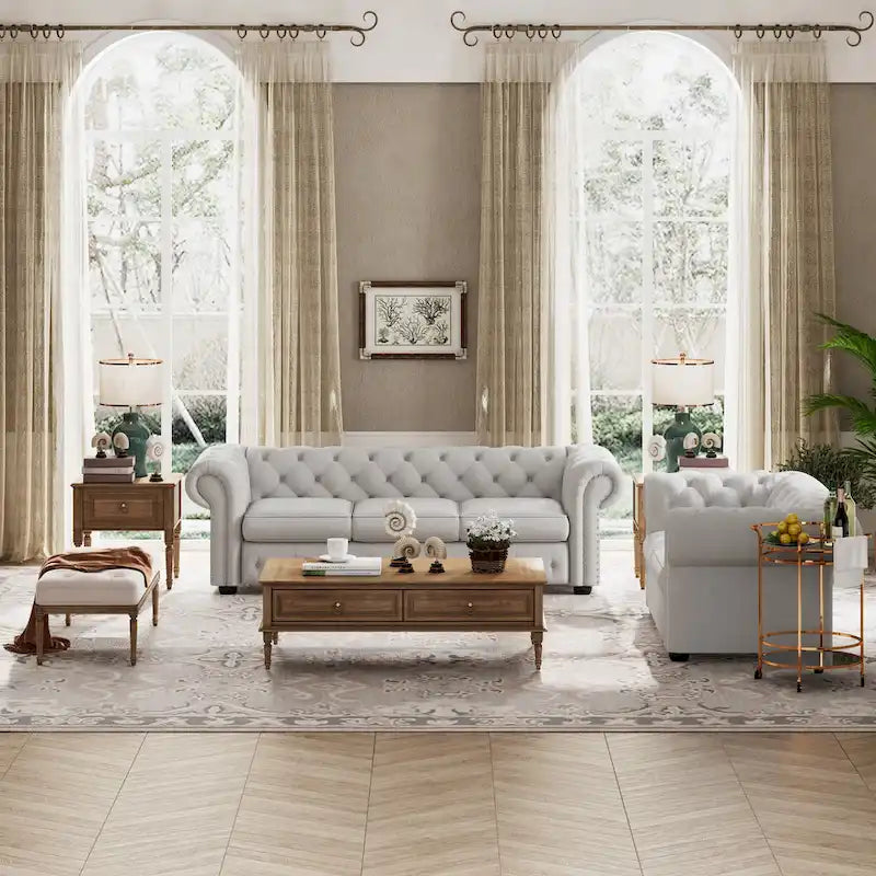 Ensemble canapé et causeuse Chesterfield à accoudoirs roulés capitonnés 2 pièces – Beige/Gris/Gris foncé