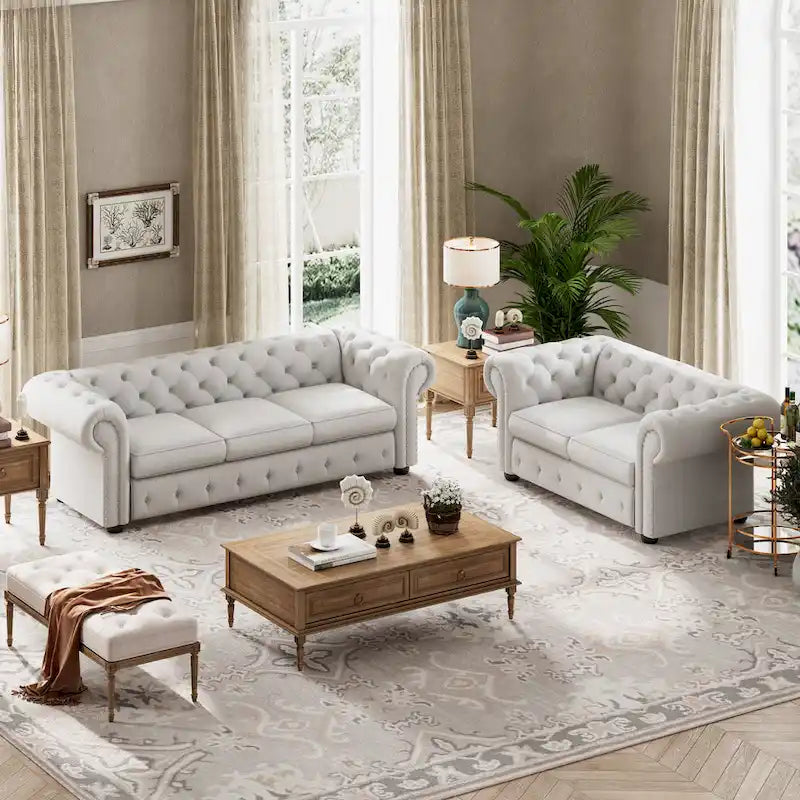 Ensemble canapé et causeuse Chesterfield à accoudoirs roulés capitonnés 2 pièces – Beige/Gris/Gris foncé