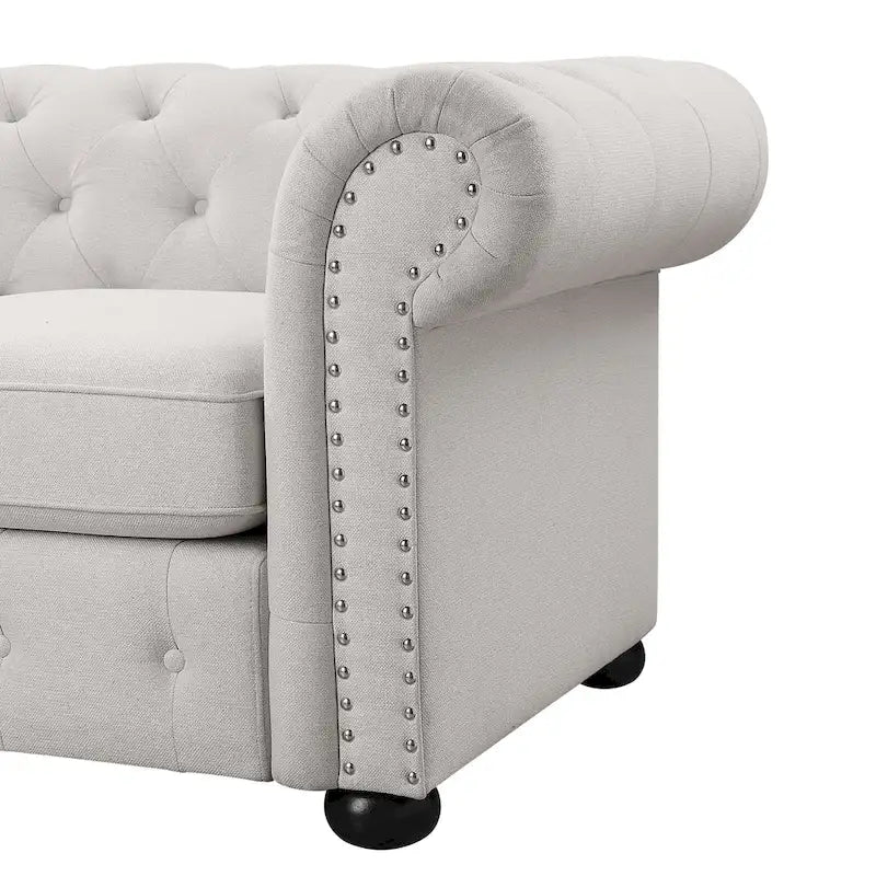 Ensemble canapé et causeuse Chesterfield à accoudoirs roulés capitonnés 2 pièces – Beige/Gris/Gris foncé