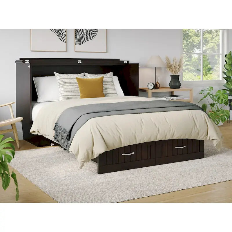 Lit escamotable Queen Size avec matelas en mousse à mémoire de forme infusée de gel – Gris/Blanc/Espresso