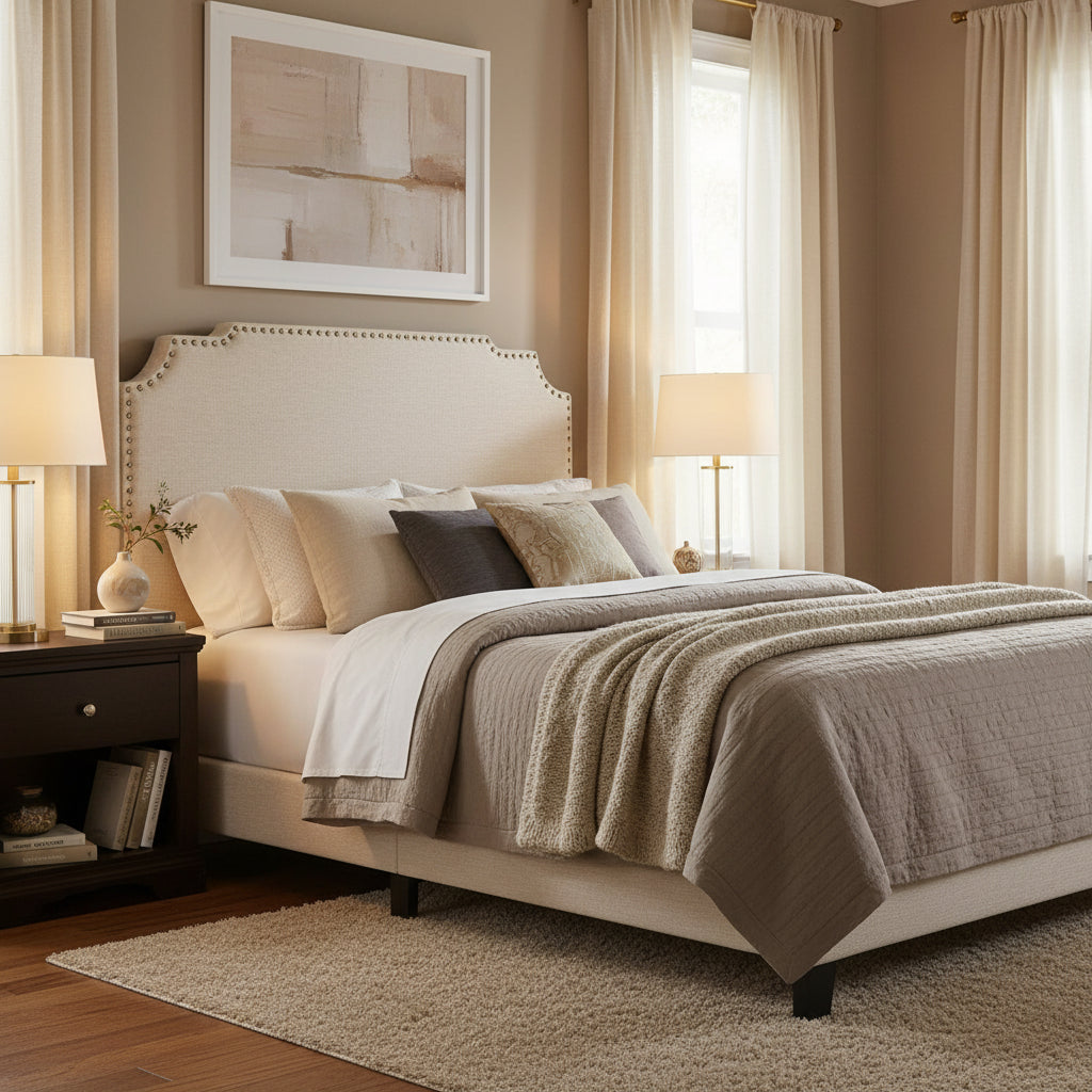 Upholstered Bed with Nailhead Trim in Beige