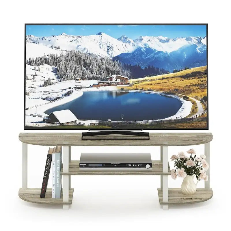Meuble TV large avec étagères ouvertes – Chêne Sonoma et blanc, 82,5 po L x 15,75 po H
