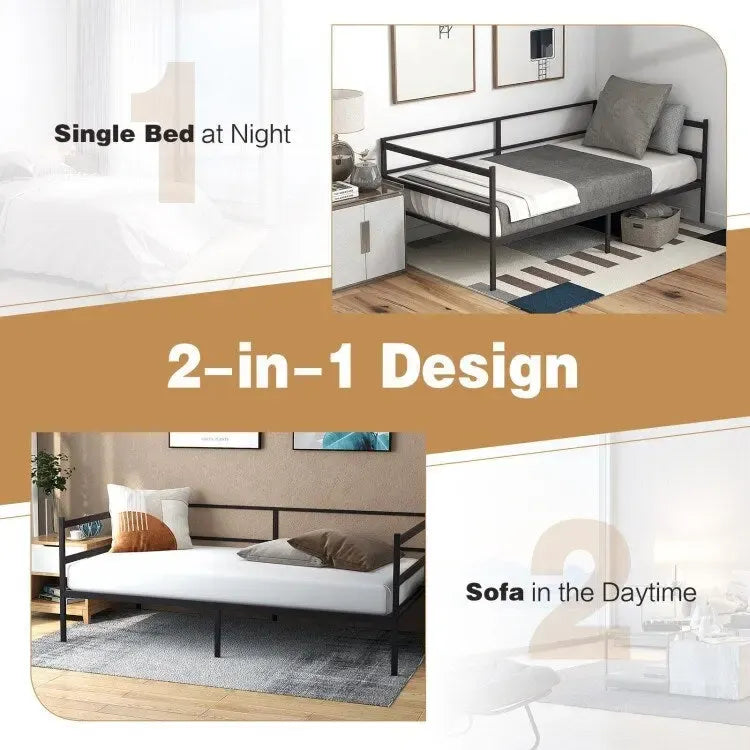 Cadre de lit de repos métallique double pour chambre et salon – Noir, 77.5x40.5x29 po, 480 lb