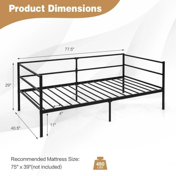 Cadre de lit de repos métallique double pour chambre et salon – Noir, 77.5x40.5x29 po, 480 lb