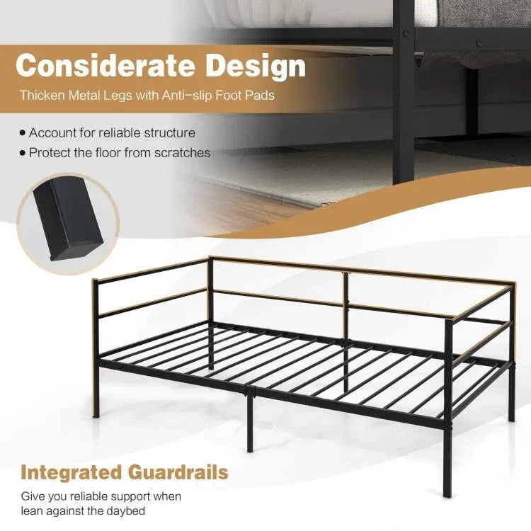Cadre de lit de repos métallique double pour chambre et salon – Noir, 77.5x40.5x29 po, 480 lb