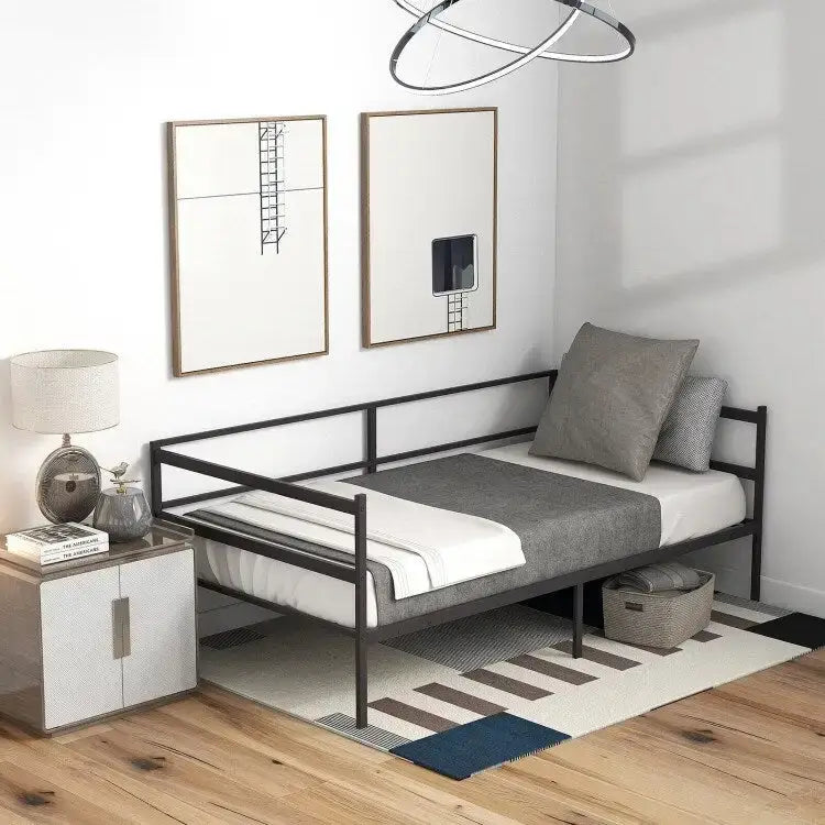 Cadre de lit de repos métallique double pour chambre et salon – Noir, 77.5x40.5x29 po, 480 lb