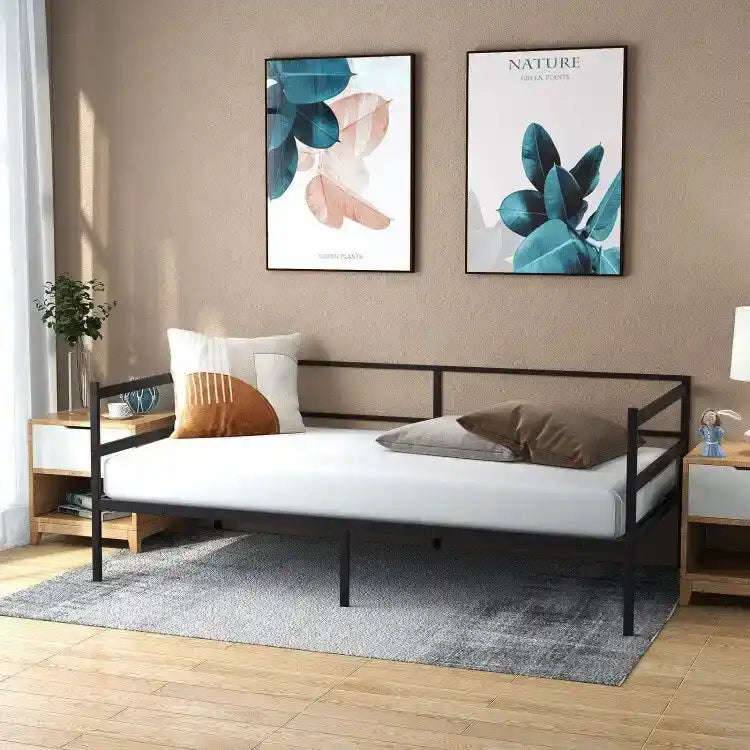 Cadre de lit de repos métallique double pour chambre et salon – Noir, 77.5x40.5x29 po, 480 lb