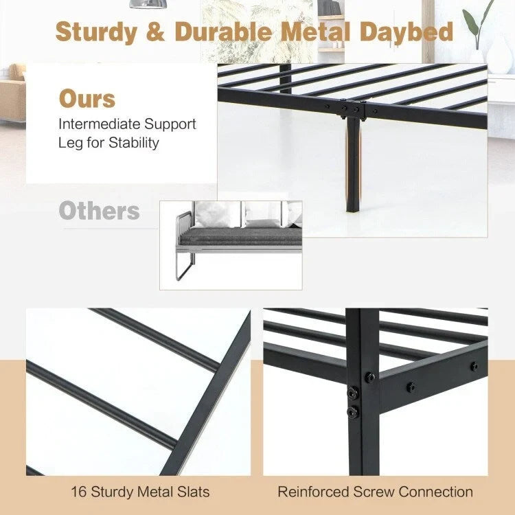 Cadre de lit de repos métallique double pour chambre et salon – Noir, 77.5x40.5x29 po, 480 lb