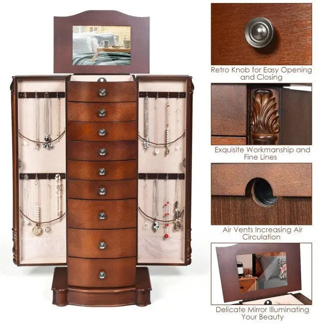 Grande boîte de rangement à bijoux en bois, organisateur avec 8 tiroirs, 2 portes et 16 crochets – MDF Noyer