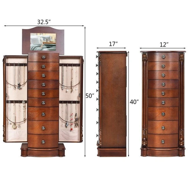 Grande boîte de rangement à bijoux en bois, organisateur avec 8 tiroirs, 2 portes et 16 crochets – MDF Noyer