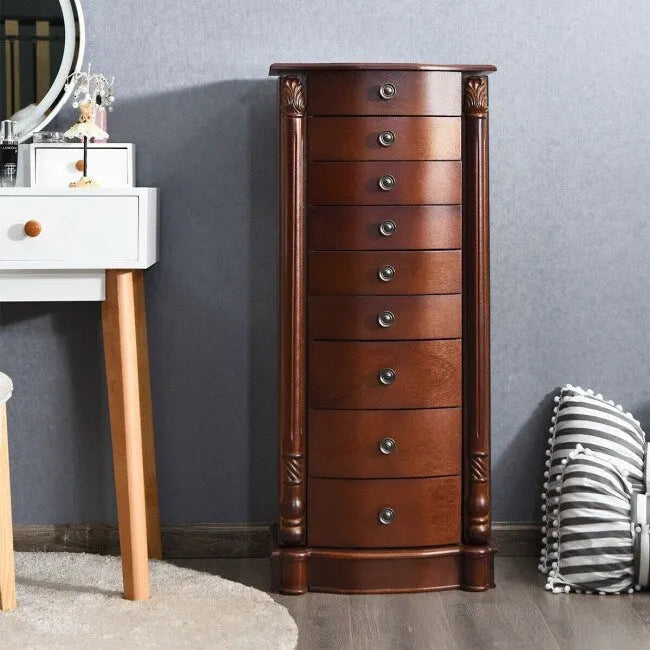 Grande boîte de rangement à bijoux en bois, organisateur avec 8 tiroirs, 2 portes et 16 crochets – MDF Noyer