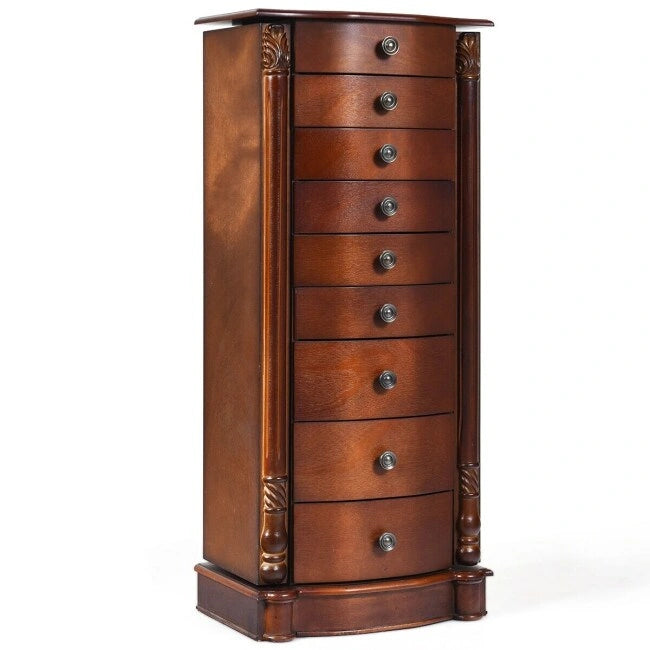 Grande boîte de rangement à bijoux en bois, organisateur avec 8 tiroirs, 2 portes et 16 crochets – MDF Noyer